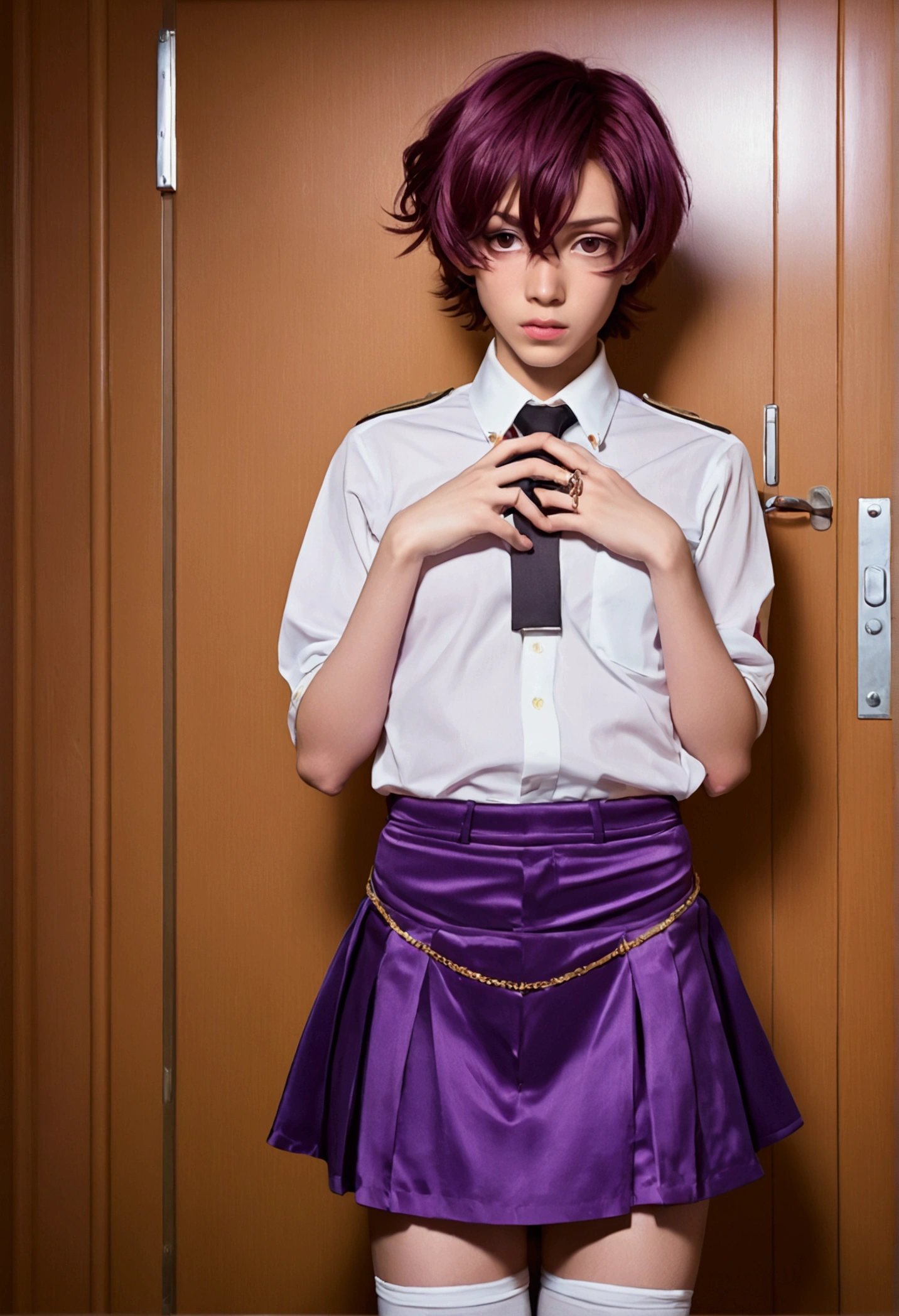 takeda hiromitsu style, NSFW,((perfect androgynous human body)),a femboy, trap, 1boy, crossdressing, Brown eyes, wavy purple hair, droopy eyes,bored look, all-body,Portrait of character,skirt rolled up,pantyrose,bulge in the groin,Portrait of character