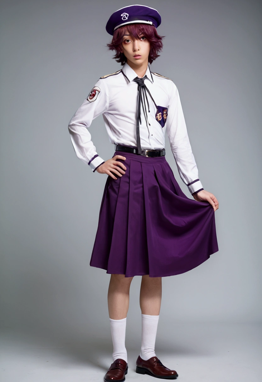 takeda hiromitsu style, NSFW,((perfect androgynous human body)),a femboy, trap, 1boy, crossdressing, Brown eyes, wavy purple hair, droopy eyes,bored look, all-body,Portrait of character,skirt rolled up,pantyrose,bulge in the groin,Portrait of character