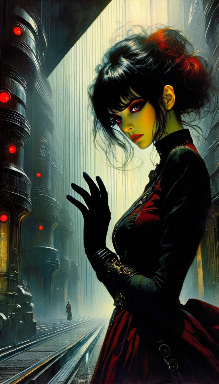 a woman dressed in anime style under a futuristic building, 1 girl, dress, alone, hair, gloves, two stories, looking at viewer, red eyes, long hair, black gloves, long sleeves, long hair, steampunk、Short hair , very detailed oil painting, chiaroscuro, sensual, dramatic lighting, moody atmosphere, photorealistic, intricate details, masterpiece, ultra-detailed, high quality, 8k, best quality, realistic, cinematic, dark and brooding, expressionistic, powerful composition, emotional impact, Bill Sienkiewicz inspired art