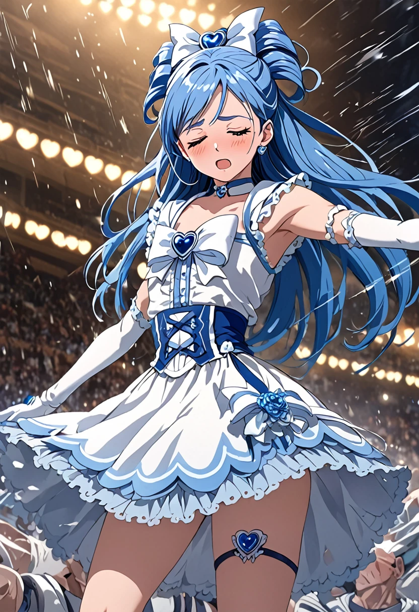 (Suffering from being held by a muscular man:1.5)、Cure White,hair ribbon,Chest ribbon, mini skirt, white choker, thigh straps, elbow gloves, heart brooch,Heart Earrings,detailed hair and outfit, long flowing blue hair, white and blue frilly dress, white gloves and boots, blushing, feeling pain, suffering from arm being bitten by enemy, dynamic and intense scene, background with sound waves, eyes closed, masterpiece, best quality, highly detailed background, perfect lighting, (beautiful, best quality: 1.1), masterpiece, perfect eyes, (beautiful), (erotic: 1.2)