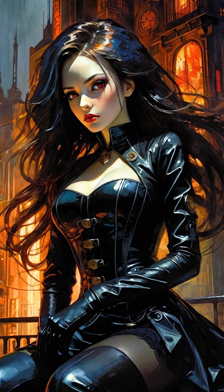 a woman dressed in anime style sitting a futuristic building, 1 girl, dress, alone, hair, gloves, two stories, looking at viewer, red eyes, long hair, black gloves, long sleeves, long hair, steampunk、Short hair , very detailed oil painting, chiaroscuro, sensual, dramatic lighting, moody atmosphere, photorealistic, intricate details, masterpiece, ultra-detailed, high quality, 8k, best quality, realistic, cinematic, dark and brooding, expressionistic, powerful composition, emotional impact, Bill Sienkiewicz inspired art