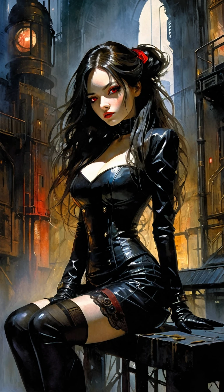 a woman dressed in anime style sitting a futuristic building, 1 girl, dress, alone, hair, gloves, two stories, looking at viewer, red eyes, long hair, black gloves, long sleeves, long hair, steampunk、Short hair , very detailed oil painting, chiaroscuro, sensual, dramatic lighting, moody atmosphere, photorealistic, intricate details, masterpiece, ultra-detailed, high quality, 8k, best quality, realistic, cinematic, dark and brooding, expressionistic, powerful composition, emotional impact, Bill Sienkiewicz inspired art
