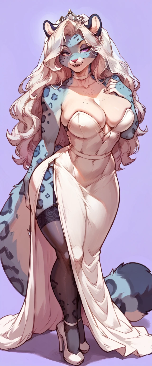 (solo) female anthro snow leopard, long fluffy hair, snow leopard, big breasts, attractive,  bride dress, garter belt tights fit body, snow leopard tail,, thicc, freckles, freckles on face, smug eyes, (mad expression), she is standing look to the viewer , violet background, simple background, thick thighs  (front view) high heels