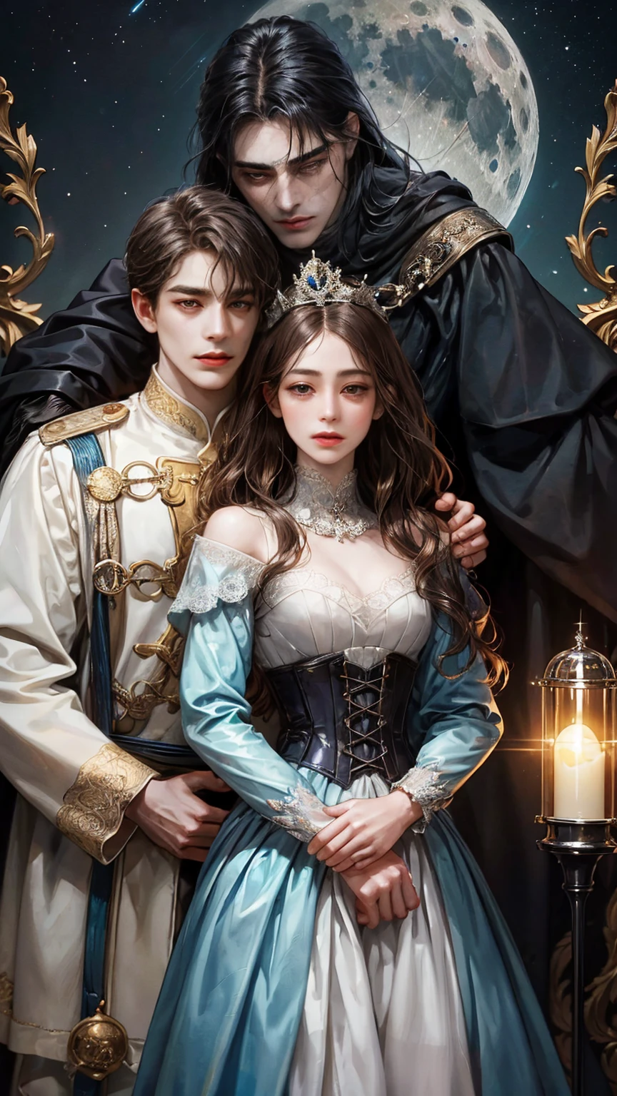 (Two people, 1 girl and boy of different ages), 23 year old girl with long wavy brown hair, with a loose and voluminous hairstyle, with a medieval dress in light and dark blue tones, with stones embedded in the corset, light blue eyes, defined eyebrows, plump and pink lips, and with not so defined freckles, small breasts, very tall 28 year old man with long jet black hair, gray eyes. medieval costume with dark aura, with iron shoulder pads, the entire suit with iron details, with a crown with dark details. She stands in front of him holding a white crown with beautiful details in horror., He is supporting the series looking at the viewer, in the background a forest illuminated by the light of the moon that reflects in the sky, It's for the cover of my book