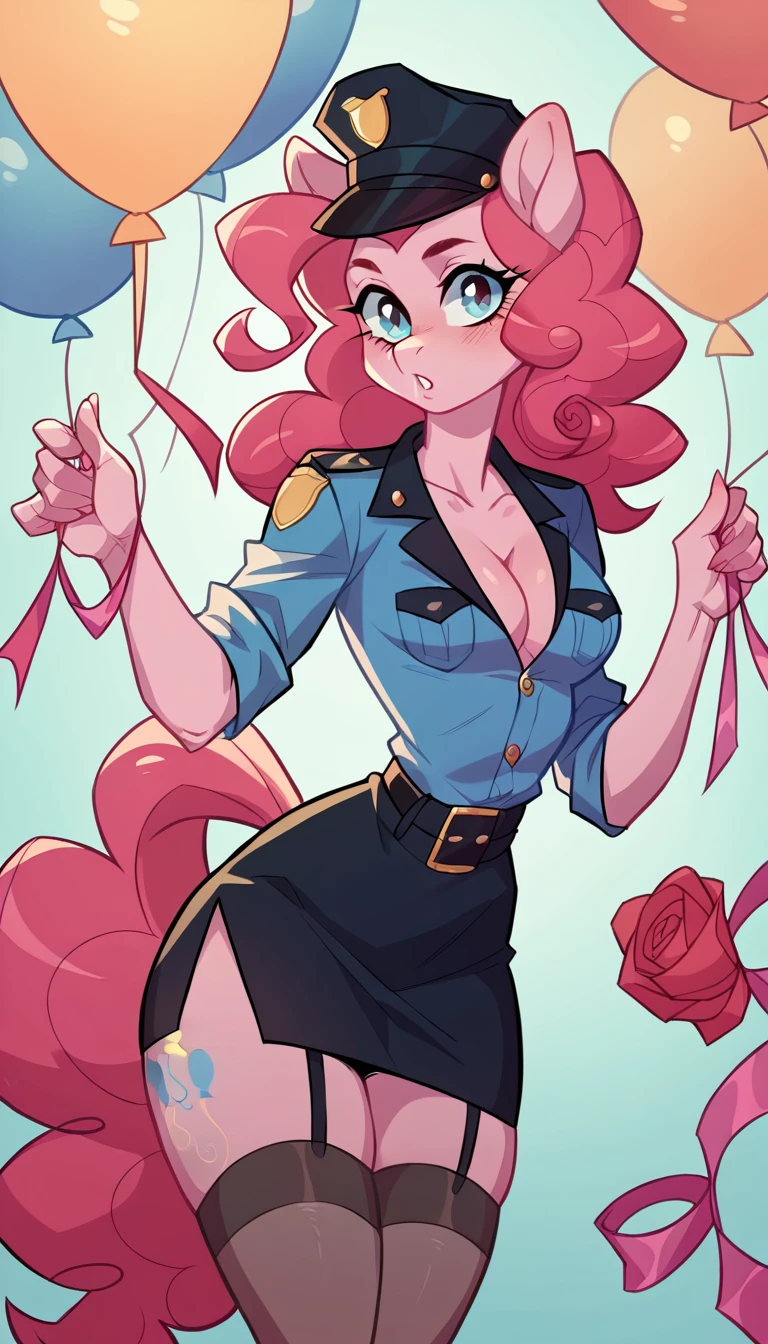 girl, police uniform, sexy roleplay, seductive posing, NSFW, mlp style, anthro character, Pinkie Pie, pink skin, long curly rose hair, sexy opaque stockings, little breasts, surprise birthday party, 