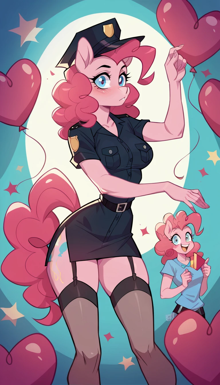 girl, police uniform, sexy roleplay, seductive posing, NSFW, mlp style, anthro character, Pinkie Pie, pink skin, long curly rose hair, sexy opaque stockings, little breasts, surprise birthday party, 
