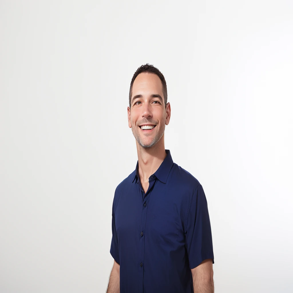smiling man in blue shirt standing in front of a white wall, professional profile photo, full body photo of steve, professional profile photo, Greg Rukowski, Brett Goldstein, Jason Schier, professional foto detalhada, medium shot from head to shoulder, full body shot photograph, brad, product introduction photo, professional portrait photo, greg rutkowsi, imagem empilhada, professional foto