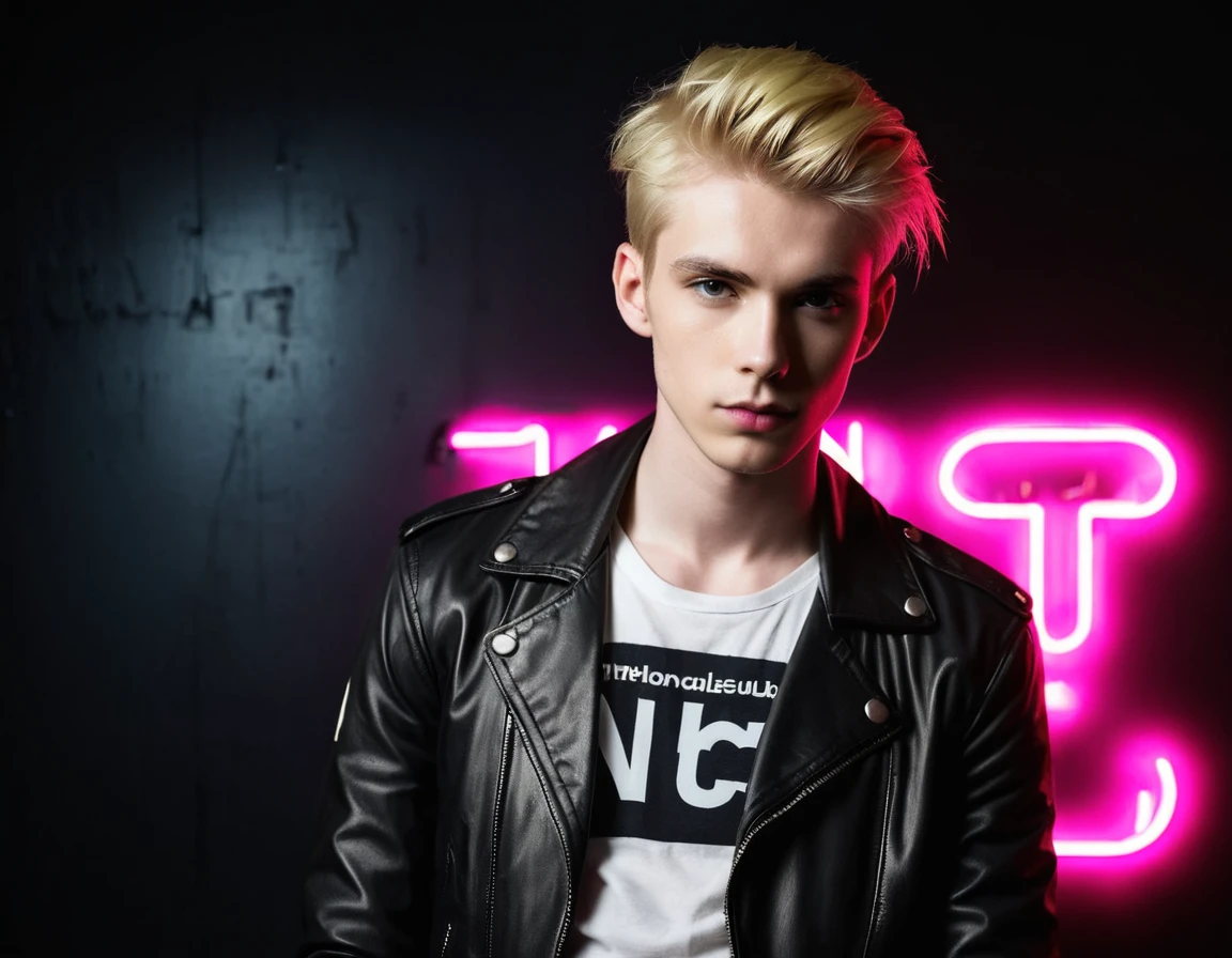 Photorealistic, dark vibes, solo, young man, 22 years, pale skin, model (skinny:1.3), (short stylish blond hair:1.5), (black leather jacket:1.3), dark lighting, foreboding, sexy, (neon letters C N T X:1.4), night club setting, BDSM background