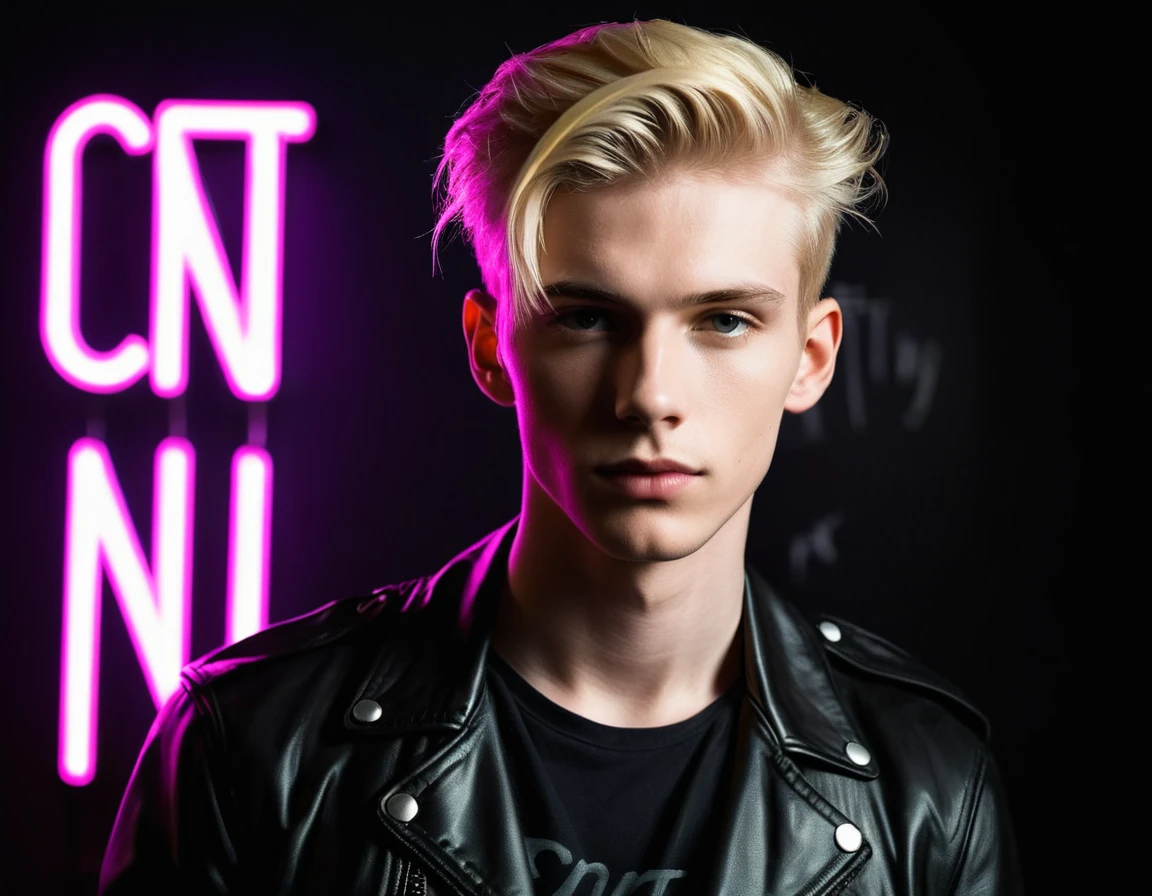 Photorealistic, dark vibes, solo, young man, 22 years, pale skin, model (skinny:1.3), (short stylish blond hair:1.5), (black leather jacket:1.3), dark lighting, foreboding, sexy, (neon letters C N T X:1.4), night club setting, BDSM background