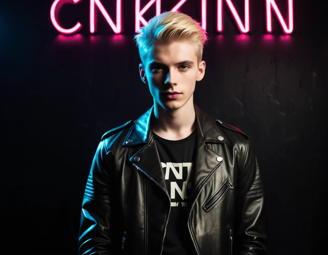 Photorealistic, dark vibes, solo, young man, 22 years, pale skin, model (skinny:1.3), (short stylish blond hair:1.5), (black leather jacket:1.3), dark lighting, foreboding, sexy, (neon letters C N T X:1.4), night club setting, BDSM background