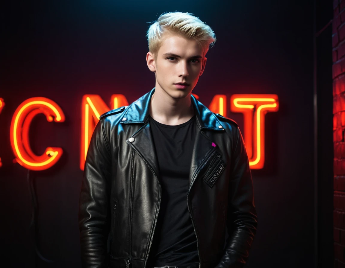 Photorealistic, dark vibes, solo, young man, 22 years, pale skin, model (skinny:1.3), (short stylish blond hair:1.5), (black leather jacket:1.3), dark lighting, foreboding, sexy, (neon letters C N T X:1.4), night club setting, BDSM background