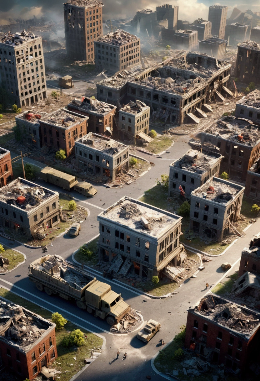 Miniature,Super Cute World, Cute animation, detailed animation, Tilt-Shift,excellent lighting,Volume Landcape,brush rendering,3D,super detailed, isometric, tactic videogame, ((Collapsed buidlings)), ((In destroyed american city)), ((Soldiers)), natural illumination, cloudy illumination