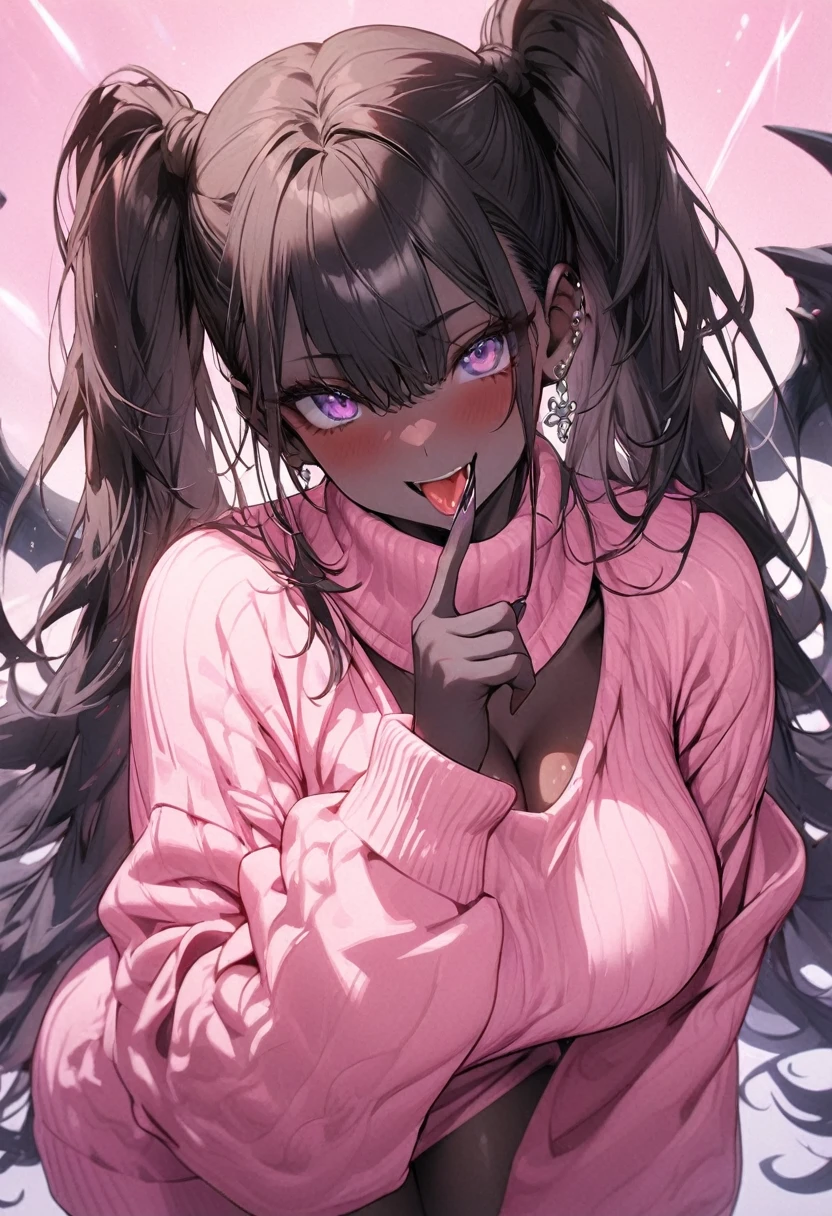 beautiful, (masterpiece:1.2), (best quality:1.2), perfect eyes, perfect face, perfect lighting, 1girl, look at the viewer, (ahegao:0.5), sexy pose、brown、black skin、body muscles、(full shot)、((gal fashion))、oversized pink sweater with big cleavage, sexy dress , tanned skin , purple eyes, dark blue colour heir, sexy body, black nailpolish, showing her long finger nails to the viewers , pink background, long finger nails , twintail hairstyle 