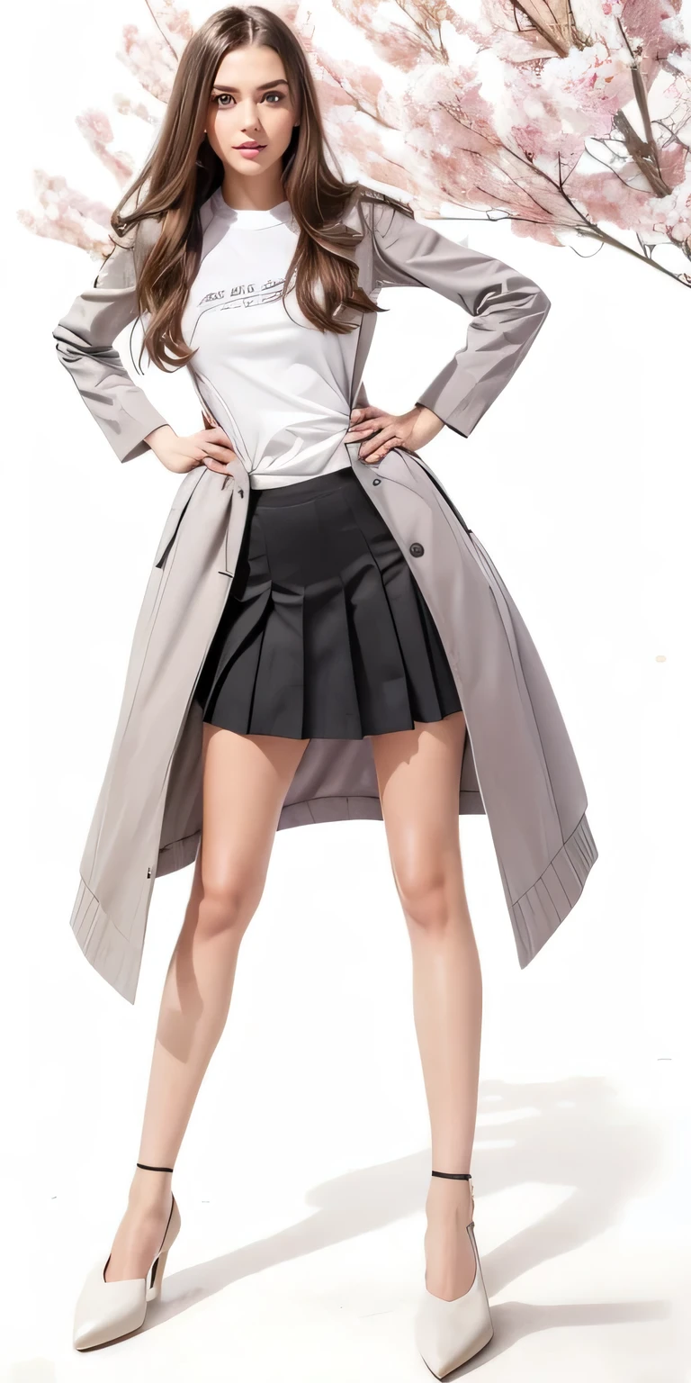 beautiful girl, Long brown hair ,purple eyes. white t-shirt, gray coat, black knife-pleated skirt, tights、pumps、smile、detail face, detail eyes, expressive face, expressive eyes, pout mouth. highres,hyperdetailed body, hyperealistic, photorealistic, masterpiece 