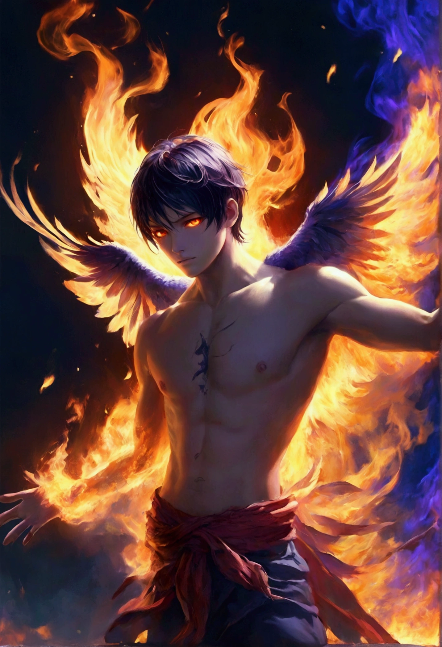 high quality, 4k, foreground, hybrid phoenix bird boy with fiery eyes wrapped in purple fire flames with blue photorealistic render of anime boy,
