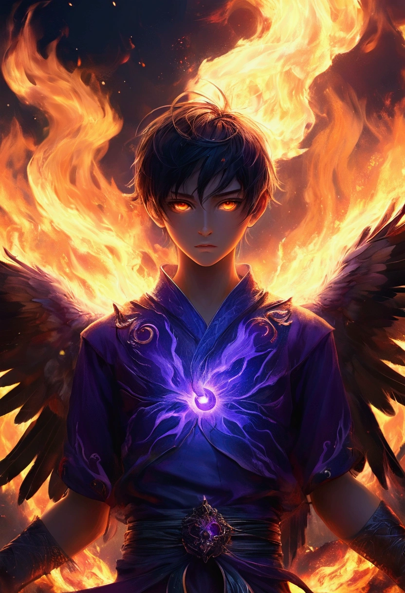 high quality, 4k, foreground, hybrid phoenix bird boy with fiery eyes wrapped in purple fire flames with blue photorealistic render of anime boy,