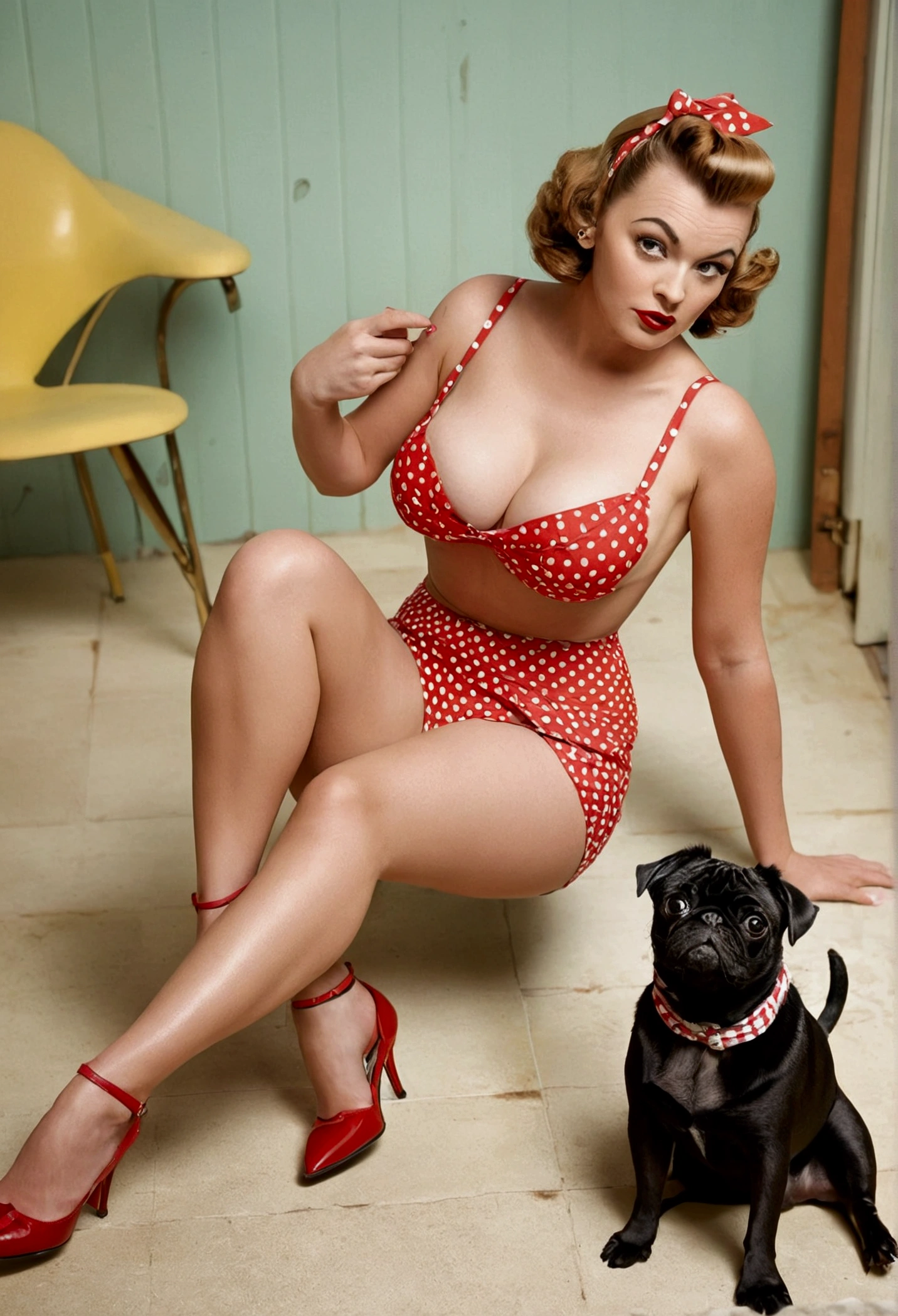 50s model, pin Up, large, pointy breasts uncovered, Bikini. She has her back, cocked ass, gazing at viewer. On the floor a Pug dog, sitting and looking at her, oil art, gil elvgren style 