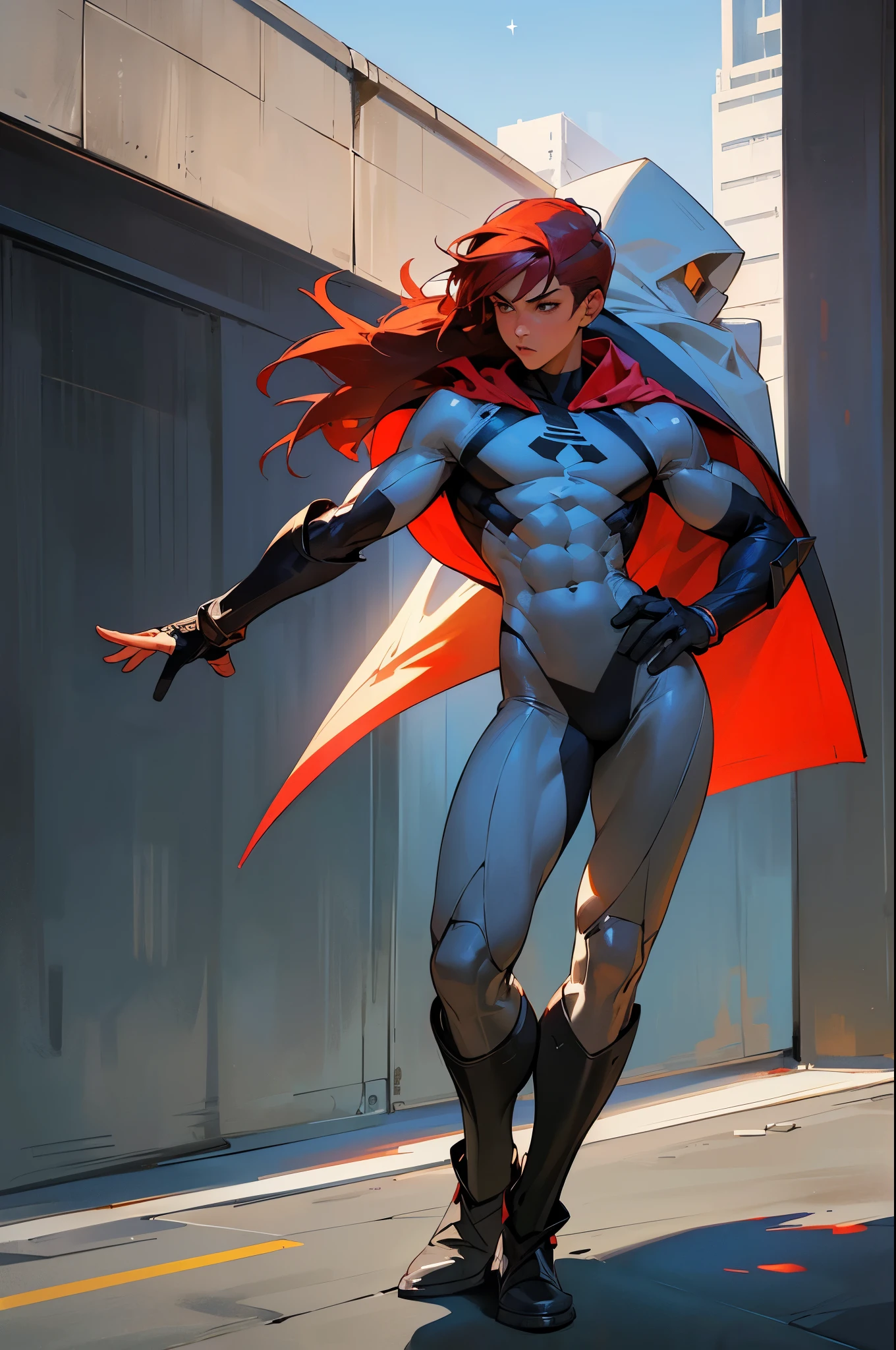 ((Extremely realistic shadows, Masterpiece, extremely detailed, photorealistic)) A ager at 15 yxican ethnicity), teenager, handsoyoung boy, tanned skin, Red hair, Military haircut, very tight clothing, Aesthetic body ; Ripped ABS, athletic, good anatomy, long legs, strong arms. City background, Skyscraper, futuristic city, Night, Stars, Night lights, Super hero, hero, Bodysuit, covered abs, covered pecs, Nothing, hood, hood on. (((HOOD ON))) Cape, A young hero whose presence inspires trust and respect. (((His hero suit is white and black.))