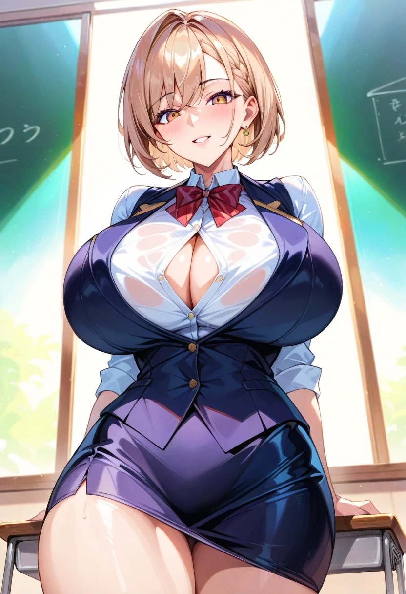 Score_9, score_8_up, 4k, 8k, detailed face, source_anime, artstation, grandeur, intricate-details, depth-of-view, flatshading, BREAK 1girl, mature female, huge breasts, short hair, beige hair, spiked bangs, smooth skin, teacher,shirt, vest, pencil skirt, rating_questionablle, in heat, classroom