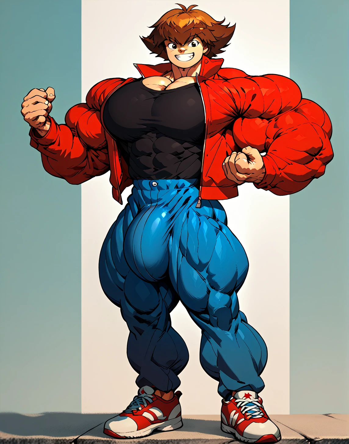 alone, Whole body,smiling , muscular, hypermuscle, huge muscle, big muscles, pectoral muscle , 1 chico  , big pecs , muscular thighs, muscular glutes  , young , cheered up , yu give oh! , jaden yuki  , black shirt, Red jacket, blue pants, Red shoes, Brown hair , pokkuti , hyper muscular , boy, male, bulge , Penis Bulge