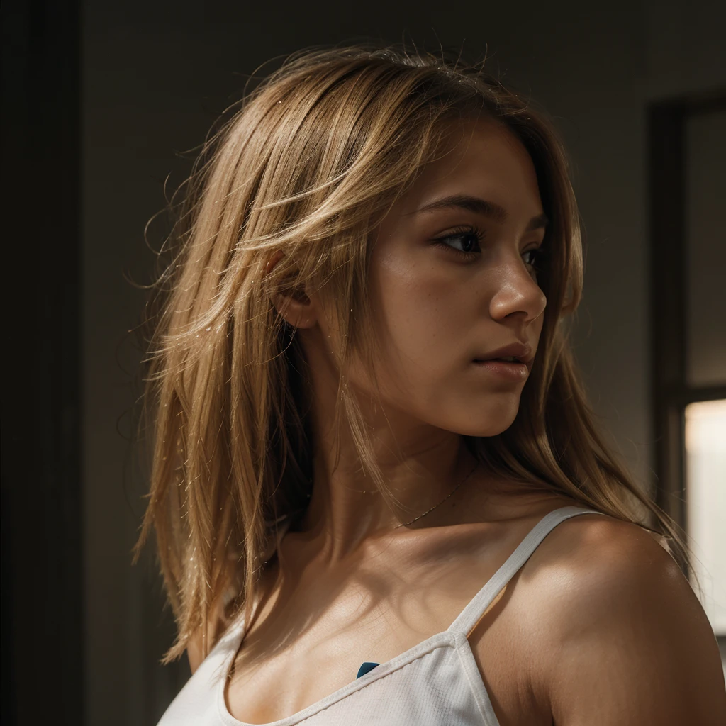 Close-up profile shot of a young person with light skin and long, straight, blonde hair that partially covers their face. The individual is wearing a white tank top and is positioned against a dark, indoor background. The lighting is focused on the subject, highlighting the hair's texture and shine, while the background remains dim and indistinct. The overall composition emphasizes the subject's hair and profile, with minimal visible details of the surroundings.