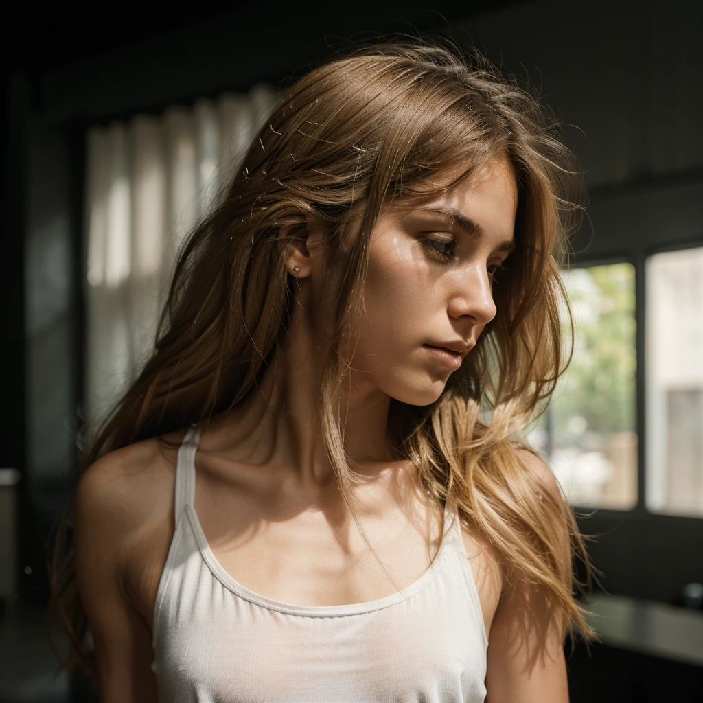 Close-up profile shot of a young person with light skin and long, straight, blonde hair that partially covers their face. The individual is wearing a white tank top and is positioned against a dark, indoor background. The lighting is focused on the subject, highlighting the hair's texture and shine, while the background remains dim and indistinct. The overall composition emphasizes the subject's hair and profile, with minimal visible details of the surroundings.