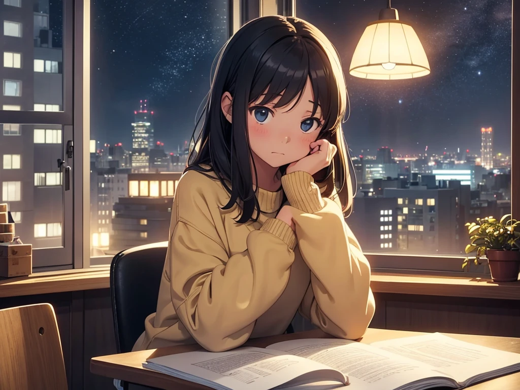 Cozy interior with a teenage girl sitting at a desk, wearing a sweater. She is writing, with a thoughtful expression, hanging golden stars. Window with a night view of the city. Intimate and warm atmosphere with soft lighting "Smooth animation style with clean lines, saturated colors and soft shadows, reminiscent of Studio Ghibli or Lofi illustrations."