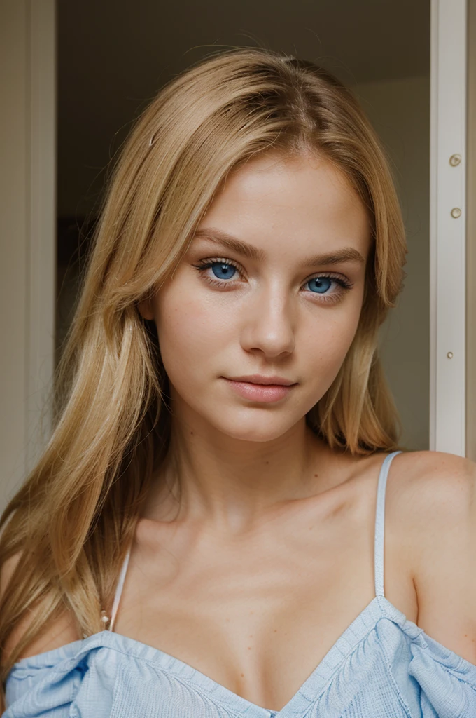 a realistic face of a very pretty 20 year old blonde European woman with blue eyes and a mischievous look