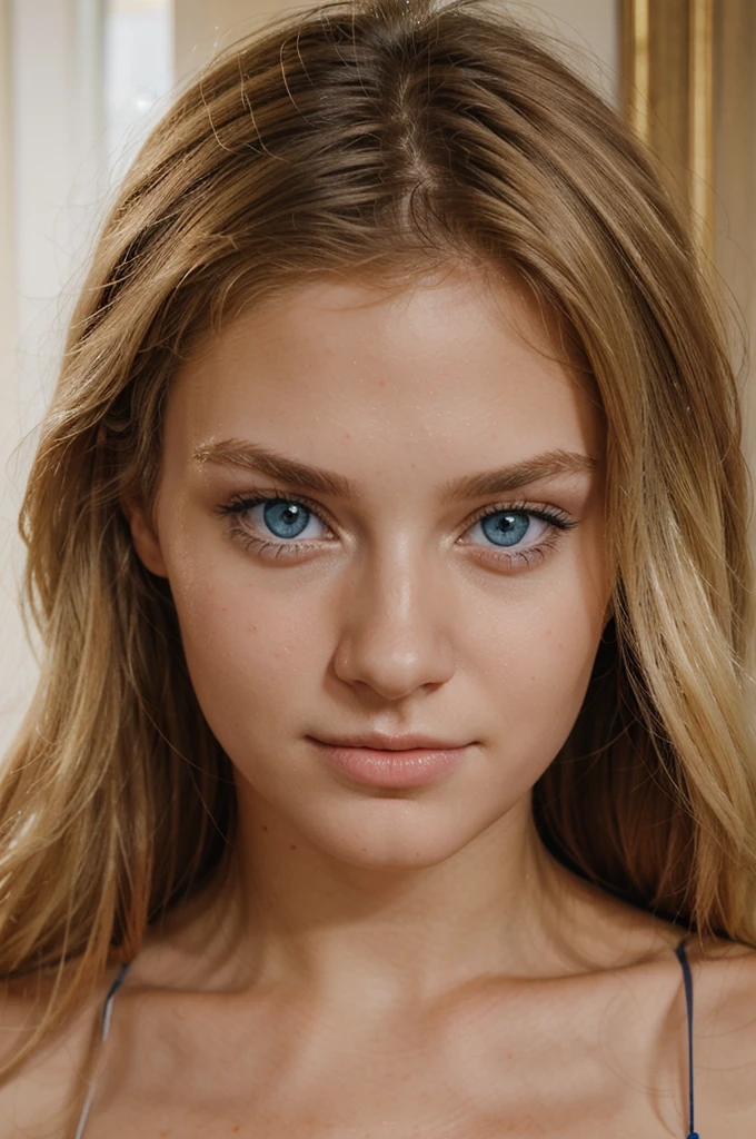 a realistic face of a very pretty 20 year old blonde European woman with blue eyes and a mischievous look