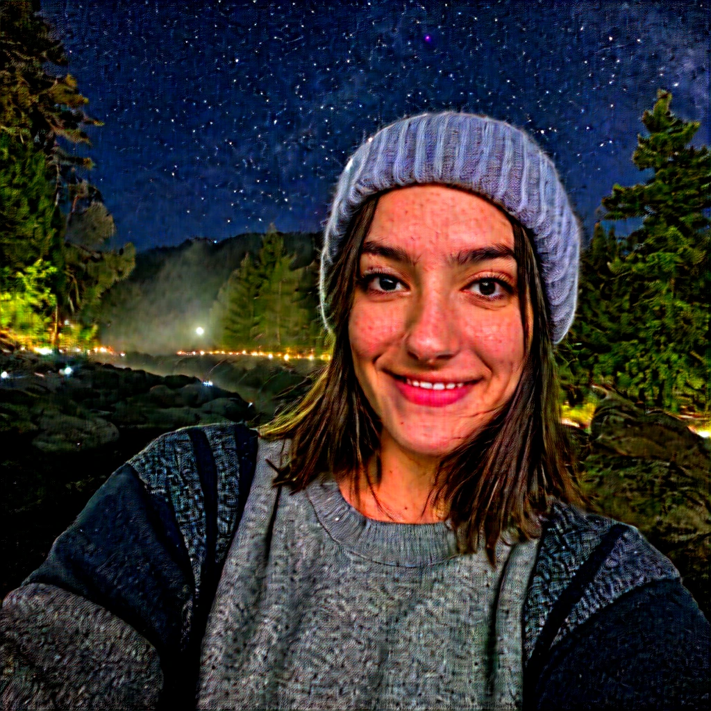 photograph, photo of beautiful woman, selfie, upper body, solo, wearing pullover, outdoors, (night), mountains, real life nature, stars, moon, cheerful, happy, gloves, sweater, beanie, forest, rocks, river, wood, smoke, fog, looking at viewer, skin texture, photo grain, close up, RAW photo