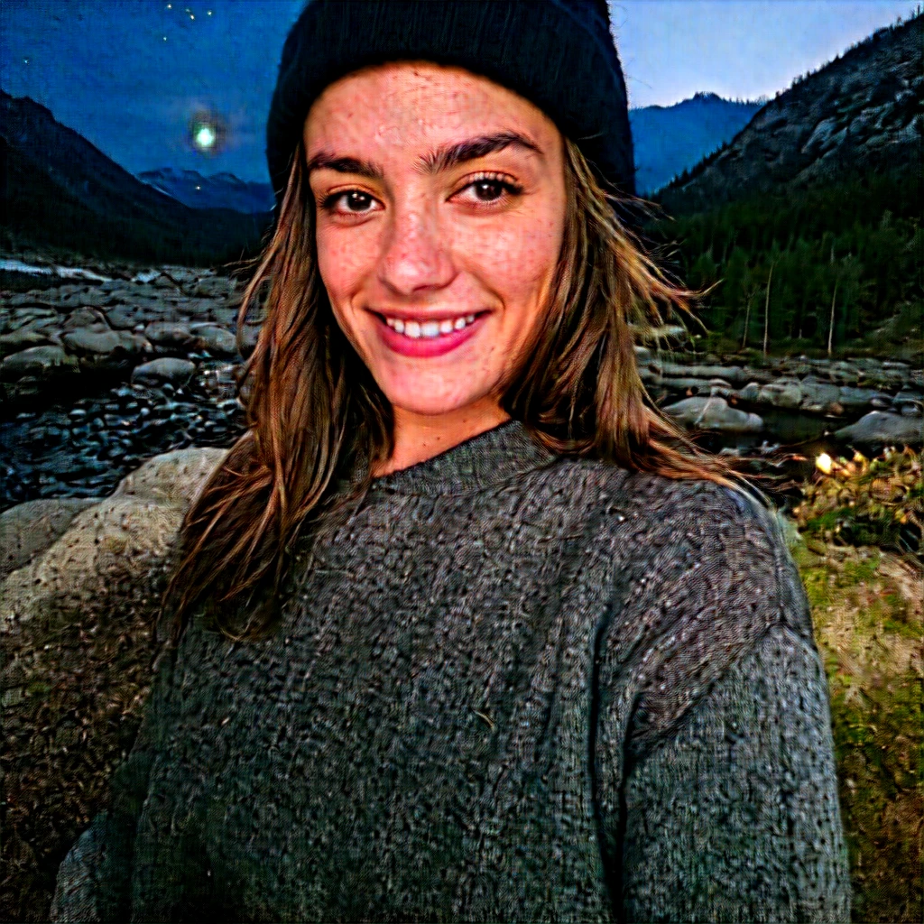 photograph, photo of beautiful woman, selfie, upper body, solo, wearing pullover, outdoors, (night), mountains, real life nature, stars, moon, cheerful, happy, gloves, sweater, beanie, forest, rocks, river, wood, smoke, fog, looking at viewer, skin texture, photo grain, close up, RAW photo