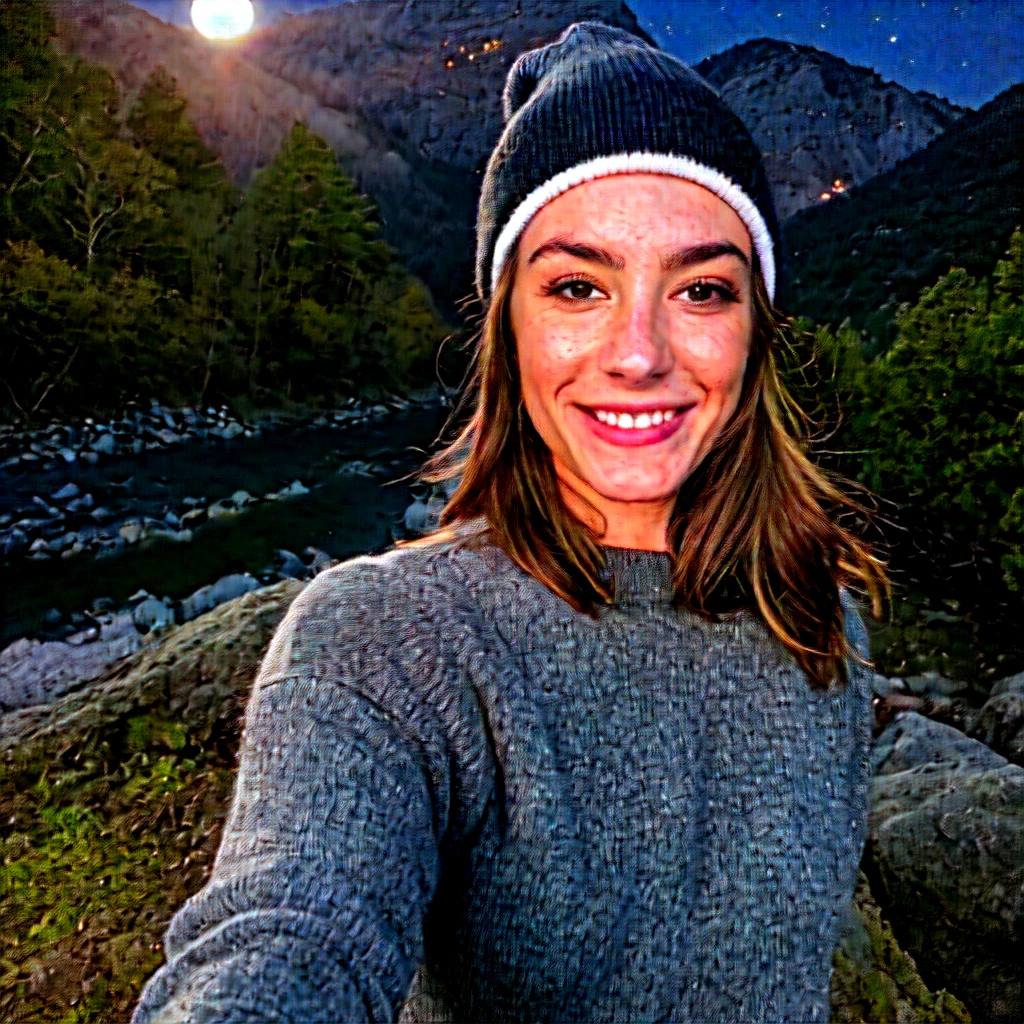 photograph, photo of beautiful woman, selfie, upper body, solo, wearing pullover, outdoors, (night), mountains, real life nature, stars, moon, cheerful, happy, gloves, sweater, beanie, forest, rocks, river, wood, smoke, fog, looking at viewer, skin texture, photo grain, close up, RAW photo