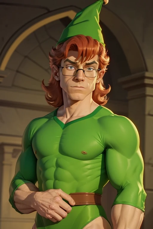 a redhead cartoon character dressed in a green leotard, very muscular, a young male wizard, 1980s cartoon, animated episode still, Presto (((mad))), ((He wears a wizard hat and eyeglasses))