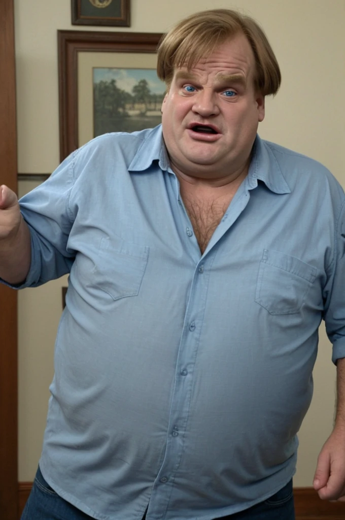 Ancient looking Chris Farley at 80 years old. Wrinkled face. Blue shirt.