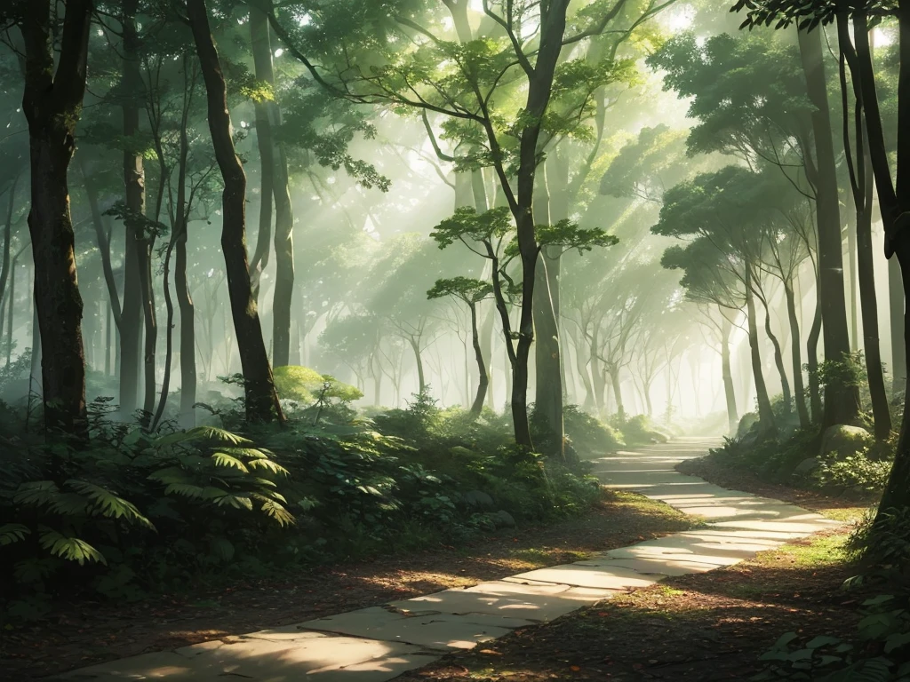 A dirt or stone path that winds through a dense forest. Tall, leafy trees flank the path, its branches intertwined creating a natural canopy. Dense fog envelops the landscape, softening the contours and adding an air of mystery and tranquility. Sunrise or sunset light filters weakly through the fog, creating a diffuse glow that gently illuminates the path. The predominant colors are dark green tones, gray and white, with touches of warm light. The overall atmosphere of the image is calm and serene, evoking a sense of peace and contemplation. reminiscent of Studio Ghibli or Lofi illustrations.