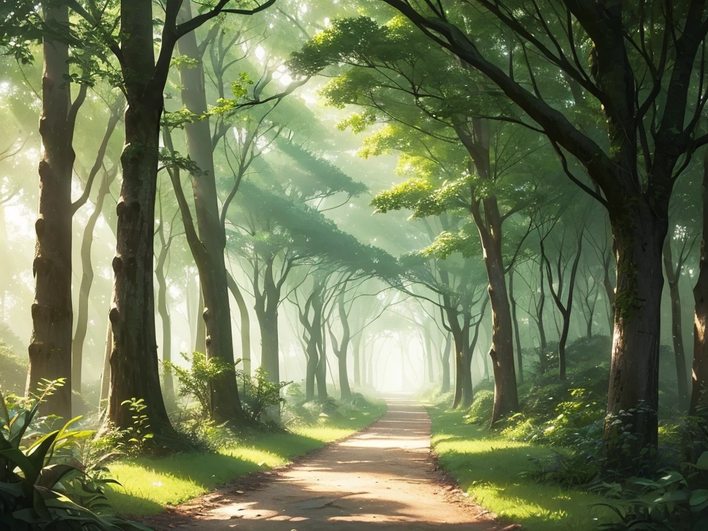 A dirt or stone path that winds through a dense forest. Tall, leafy trees flank the path, its branches intertwined creating a natural canopy. Dense fog envelops the landscape, softening the contours and adding an air of mystery and tranquility. Sunrise or sunset light filters weakly through the fog, creating a diffuse glow that gently illuminates the path. The predominant colors are dark green tones, gray and white, with touches of warm light. The overall atmosphere of the image is calm and serene, evoking a sense of peace and contemplation. reminiscent of Studio Ghibli or Lofi illustrations.

