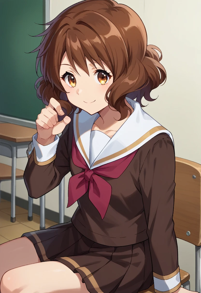 score_9, score_8_superior, score_7_superior, sauce_anime,
In the middle of nowhere, kumiko oumae, Brown eyes, Brown Hair, short hair, Wavy Hair, smile,
skirt, shirt, Long sleeve, , pleated skirt, Seraphim, neckerchief, brown skirt, White sailor collar, brown shirt, Kitauji High , red neckerchief,
indoor, classroom, corridor, Sitting, Chair, machine,
View your viewers, Cowboy Shot, Dutch Angle, Dynamic pose,