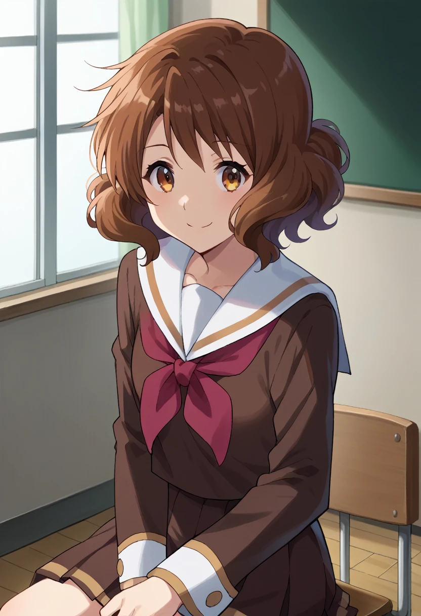 score_9, score_8_superior, score_7_superior, sauce_anime,
In the middle of nowhere, kumiko oumae, Brown eyes, Brown Hair, short hair, Wavy Hair, smile,
skirt, shirt, Long sleeve, , pleated skirt, Seraphim, neckerchief, brown skirt, White sailor collar, brown shirt, Kitauji High , red neckerchief,
indoor, classroom, corridor, Sitting, Chair, machine,
View your viewers, Cowboy Shot, Dutch Angle, Dynamic pose,
