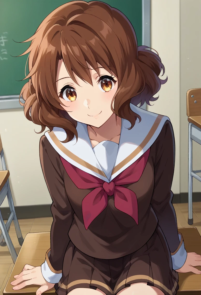 score_9, score_8_superior, score_7_superior, sauce_anime,
In the middle of nowhere, kumiko oumae, Brown eyes, Brown Hair, short hair, Wavy Hair, smile,
skirt, shirt, Long sleeve, , pleated skirt, Seraphim, neckerchief, brown skirt, White sailor collar, brown shirt, Kitauji High , red neckerchief,
indoor, classroom, corridor, Sitting, Chair, machine,
View your viewers, Cowboy Shot, Dutch Angle, Dynamic pose,