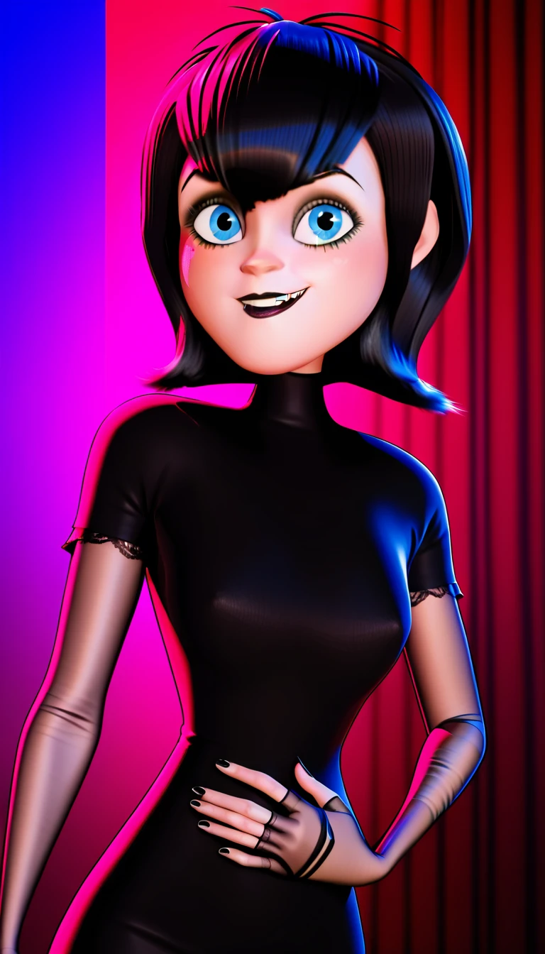((Mavis Dracula cosplay:1.5)), slender, beautiful girl, (short black hair, wide bright blue eyes with dark eyeshadow, long eyelashes, black lips, pale skin, black varnished nails, short black dress, long black fingerless lace gloves, black leggings with red stripes), (wear black leggings with red stripes), sexy posing, seduce, at hotel