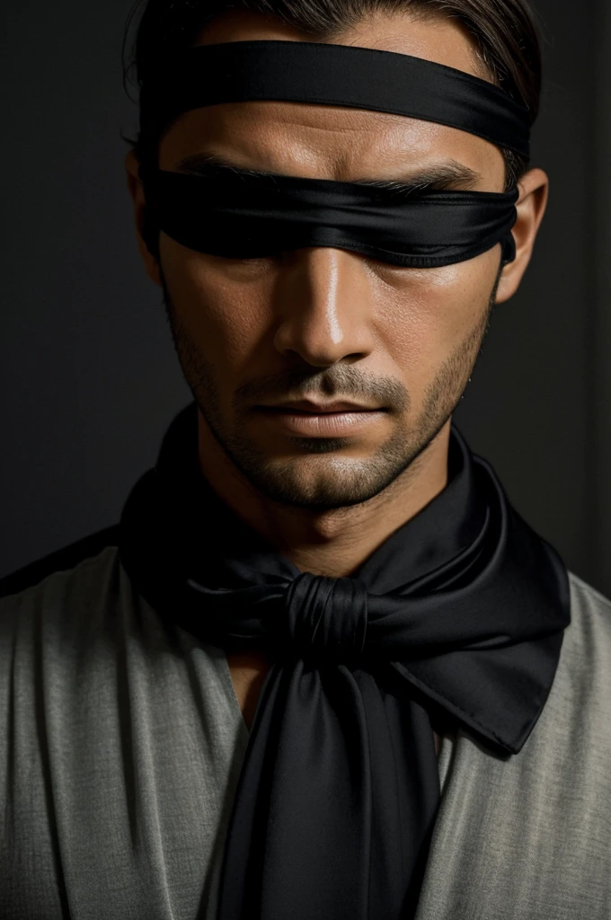 Portrait of a man with a blindfold, shown against a dark background. The headband is made of silk, which makes it light and delicate, contrasting with the man's strict facial features. His facial expression is serious and thoughtful, which adds mystery to the entire composition. In the background you can see subtle, almost invisible shapes that may symbolize uncertainty and the unknown. Everything is done in subdued colors that emphasize the depth of emotions and the atmosphere of anxiety.