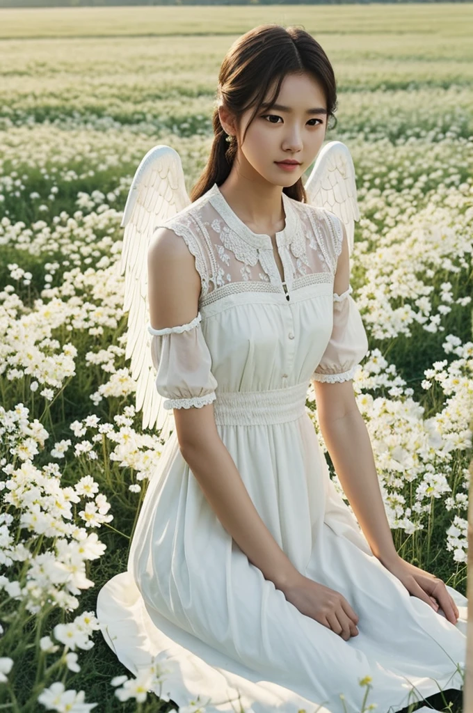 Sullyoon sitting in a field of white flowers wearing a pastel yellow dress, on his back having angel wings