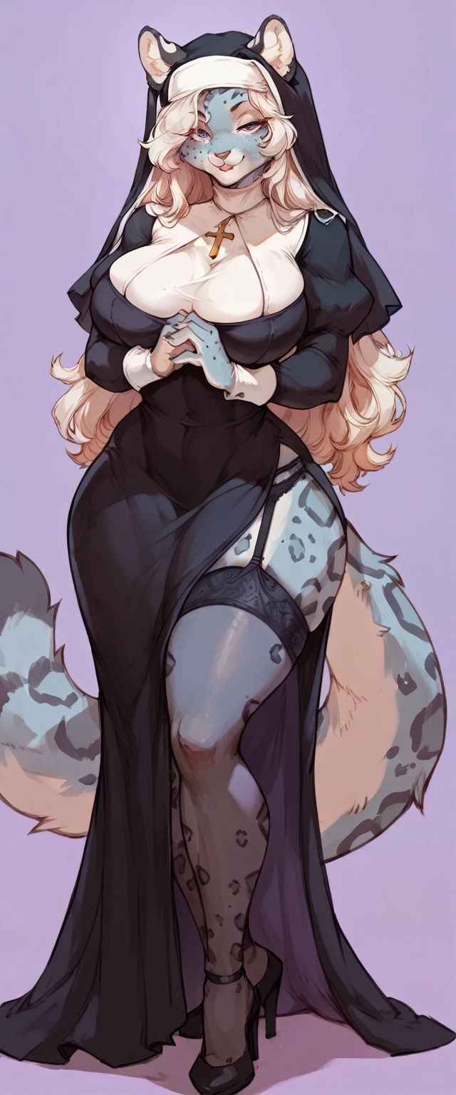 (solo) female anthro snow leopard, long fluffy hair, snow leopard, (big breasts:1.5), attractive, nun dress, garter belt tights fit body, snow leopard tail,, thicc, freckles, freckles on face, smug eyes, (happy expression), she is standing look to the viewer , violet background, simple background, thick thighs (front view) high heels