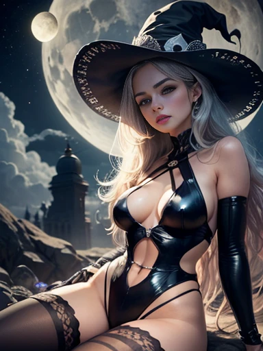 Attractive blonde woman,big intricate black hat,black lace gloves,topless,no panties,nude,colossal breasts,laying down, legs apart, showing crotch, no panties, black stocking, boots, illustration,detailed shading,best quality,colored lighting,vibrant colors,outside next to a waterfall, realistic style,bright and warm tones,high contrast lighting,bold and dramatic shadows,sharp focus,masterpiece:1.2

