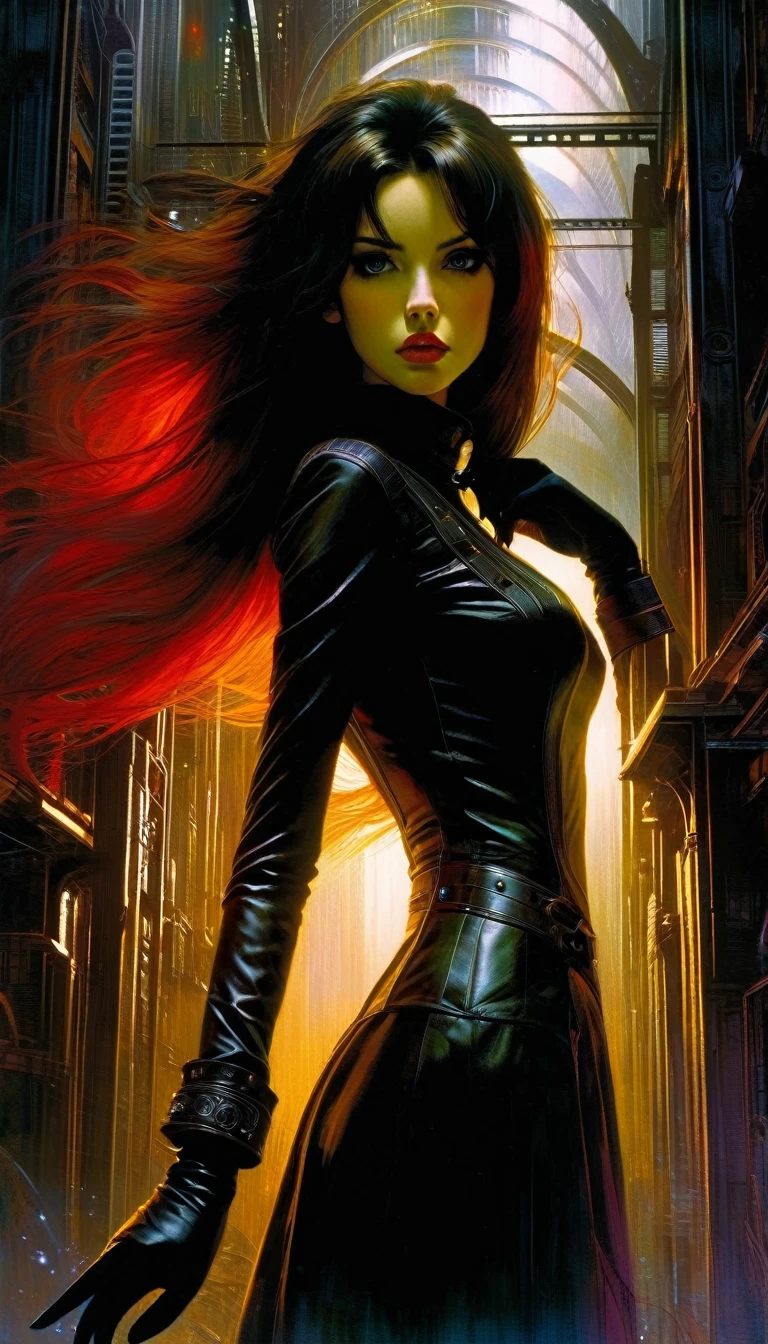 a woman dressed in anime style under a futuristic building, 1 girl, dress, alone, hair, gloves, two stories, futuristic landscape.1.5, looking at viewer, red eyes, long hair, black gloves, long sleeves, long hair, steampunk、Short hair , very detailed oil painting, chiaroscuro, sensual, dramatic lighting, moody atmosphere, photorealistic, intricate details, masterpiece, ultra-detailed, high quality, 8k, best quality, realistic, cinematic, dark and brooding, expressionistic, powerful composition, emotional impact, Bill Sienkiewicz inspired art
