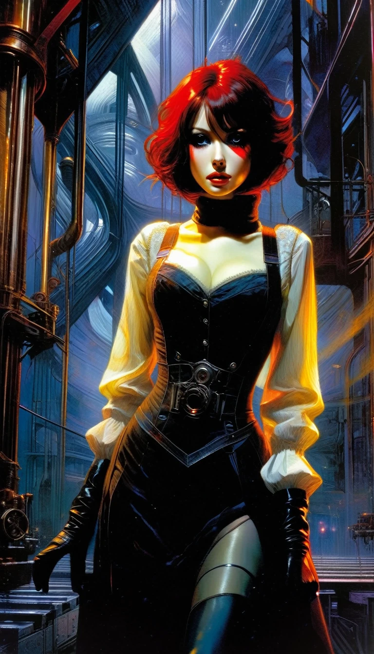 a woman dressed in anime style under a futuristic building, 1 girl, dress, alone, hair, gloves, two stories, futuristic landscape.1.5, looking at viewer, red eyes, long hair, black gloves, long sleeves, long hair, steampunk、Short hair , very detailed oil painting, chiaroscuro, sensual, dramatic lighting, moody atmosphere, photorealistic, intricate details, masterpiece, ultra-detailed, high quality, 8k, best quality, realistic, cinematic, dark and brooding, expressionistic, powerful composition, emotional impact, Bill Sienkiewicz inspired art