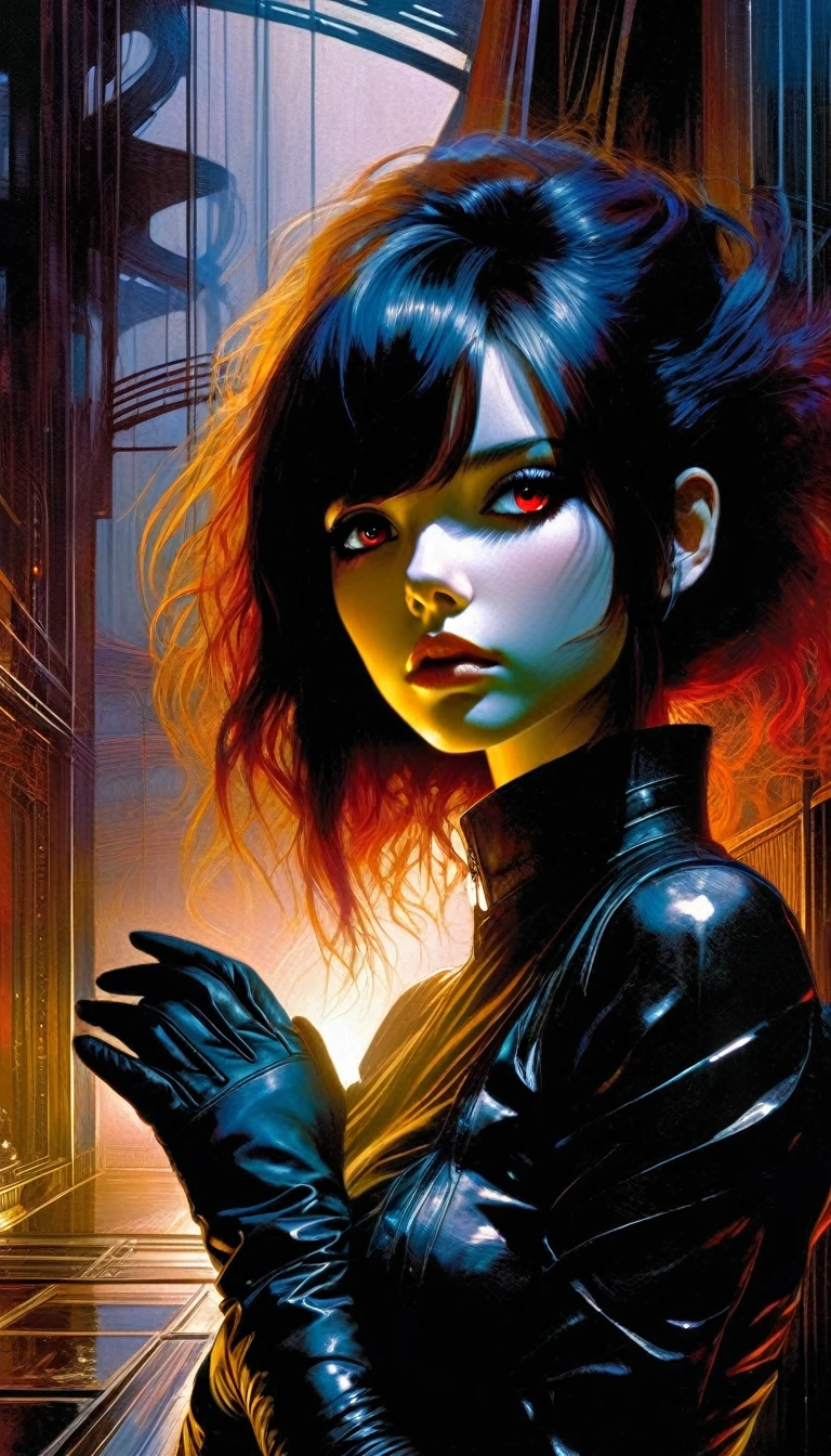 a woman dressed in anime style under a futuristic building, 1 girl, dress, alone, hair, gloves, two stories, futuristic landscape.1.5, looking at viewer, red eyes, long hair, black gloves, long sleeves, long hair, steampunk、Short hair , very detailed oil painting, chiaroscuro, sensual, dramatic lighting, moody atmosphere, photorealistic, intricate details, masterpiece, ultra-detailed, high quality, 8k, best quality, realistic, cinematic, dark and brooding, expressionistic, powerful composition, emotional impact, Bill Sienkiewicz inspired art