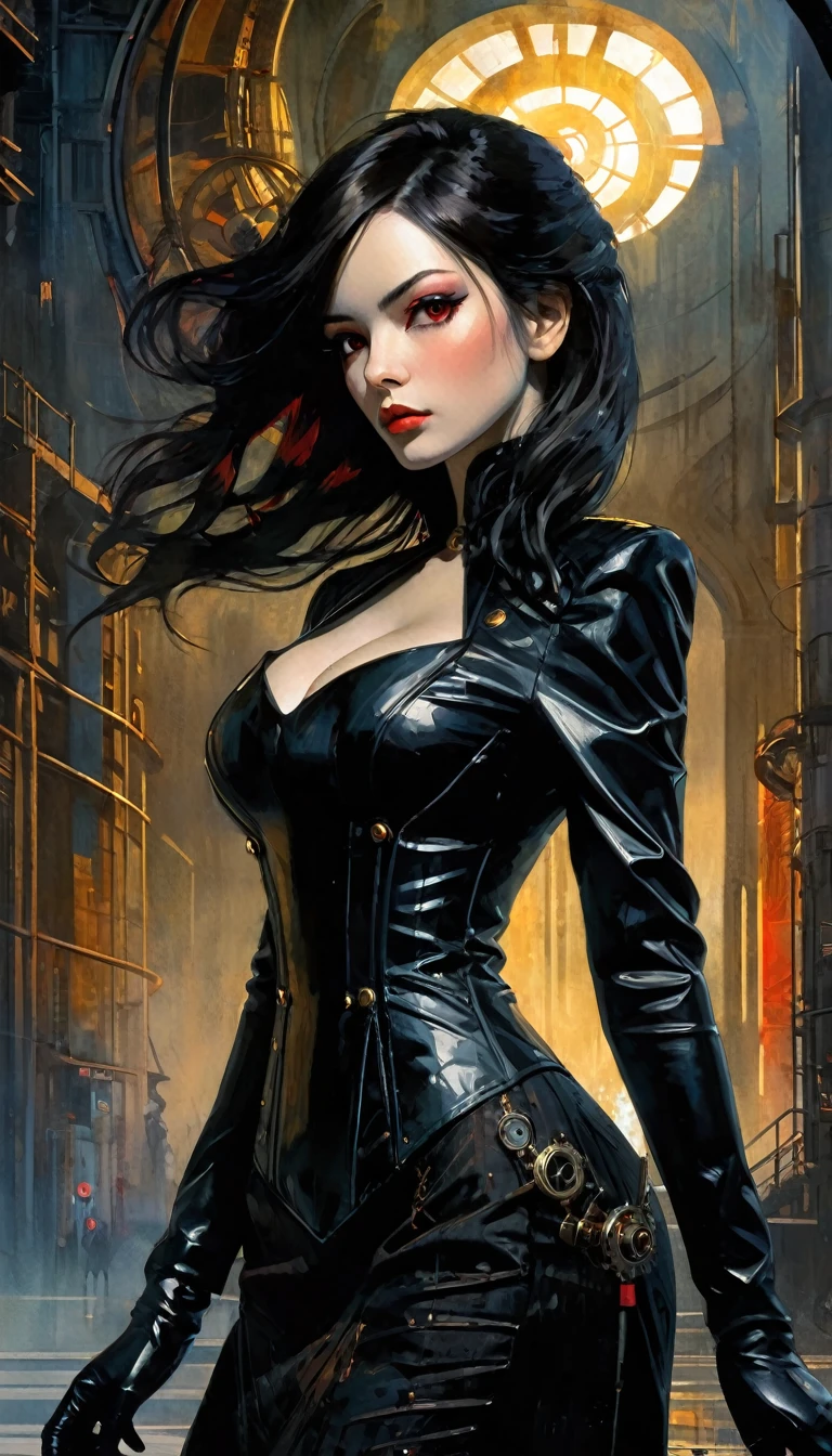 a woman dressed in anime style under a futuristic building, 1 girl, dress, alone, hair, gloves, two stories, futuristic landscape.1.5, looking at viewer, red eyes, long hair, black gloves, long sleeves, long hair, steampunk、Short hair , very detailed oil painting, chiaroscuro, sensual, dramatic lighting, moody atmosphere, photorealistic, intricate details, masterpiece, ultra-detailed, high quality, 8k, best quality, realistic, cinematic, dark and brooding, expressionistic, powerful composition, emotional impact, Bill Sienkiewicz inspired art
