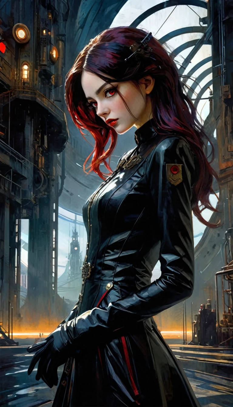 a woman dressed in anime style under a futuristic building, 1 girl, dress, alone, hair, gloves, two stories, futuristic landscape.1.5, looking at viewer, red eyes, long hair, black gloves, long sleeves, long hair, steampunk、Short hair , very detailed oil painting, chiaroscuro, sensual, dramatic lighting, moody atmosphere, photorealistic, intricate details, masterpiece, ultra-detailed, high quality, 8k, best quality, realistic, cinematic, dark and brooding, expressionistic, powerful composition, emotional impact, Bill Sienkiewicz inspired art
