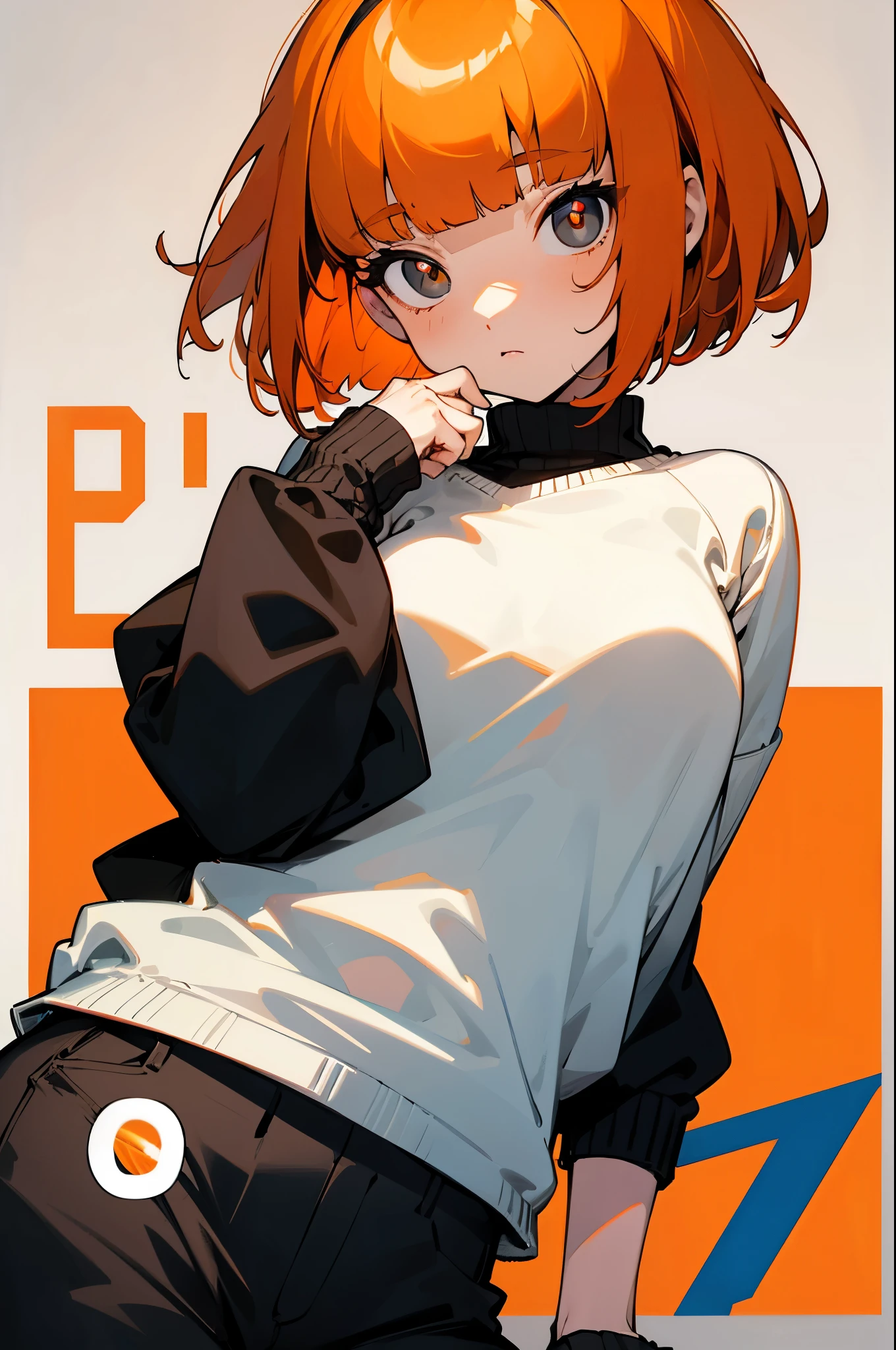 score_9, score_8_up, score_7_up, mcmommy,1girl,solo,bright pupils,white pupils, black eyes,blunt bangs, bob cut,orange hair, short hair, pants,sweater,
